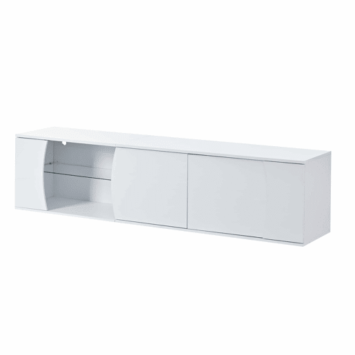 Móvel de TV 180x40x45 cm - 3 portas, vidro temperado, lowboard com iluminação LED, para TVs de até 80 polegadas - branco