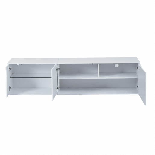 Móvel de TV 180x40x45 cm - 3 portas, vidro temperado, lowboard com iluminação LED, para TVs de até 80 polegadas - branco