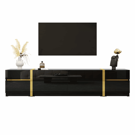 Móvel de TV 180 cm - Acabamento alto brilho, bordas douradas, com gavetas e portas, estilo moderno, grande capacidade de armazenamento - Preto