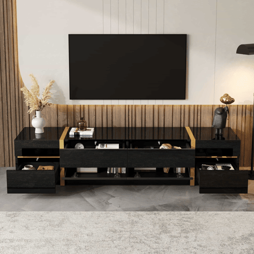 Móvel de TV 180 cm - Acabamento alto brilho, bordas douradas, com gavetas e portas, estilo moderno, grande capacidade de armazenamento - Preto