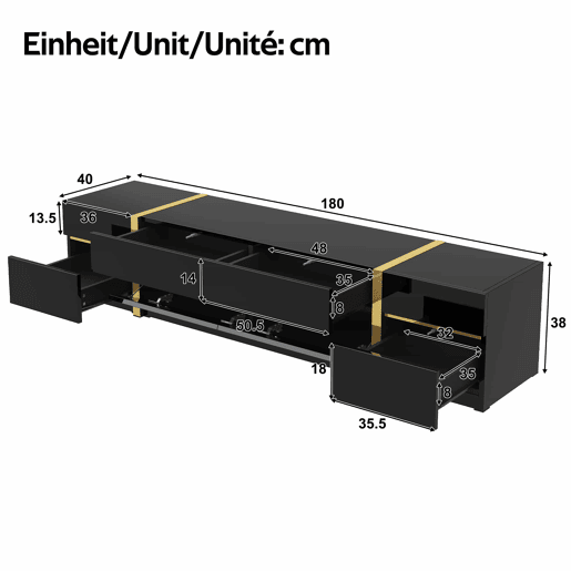 Móvel de TV 180 cm - Acabamento alto brilho, bordas douradas, com gavetas e portas, estilo moderno, grande capacidade de armazenamento - Preto
