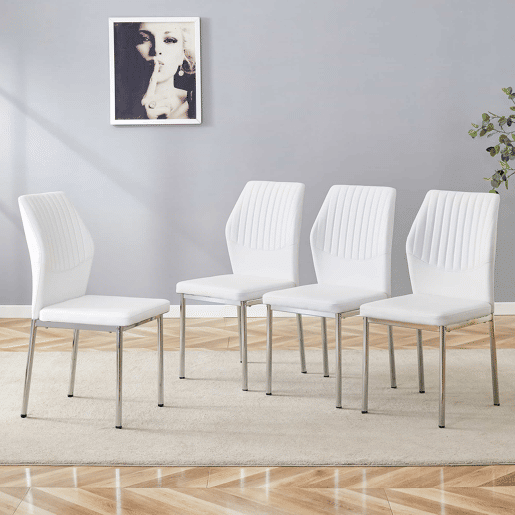 Conjunto de 4 cadeiras de jantar - Estilo leve-luxuoso, encosto em PU branco com padrão vertical + pernas metálicas prateadas - Branco + Prateado