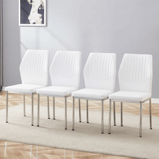 Conjunto de 4 cadeiras de jantar - Estilo leve-luxuoso, encosto em PU branco com padrão vertical + pernas metálicas prateadas - Branco + Prateado