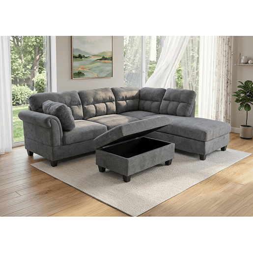 Sofá de canto feminino + pufe ,260cm, cinza, chaise à esquerda