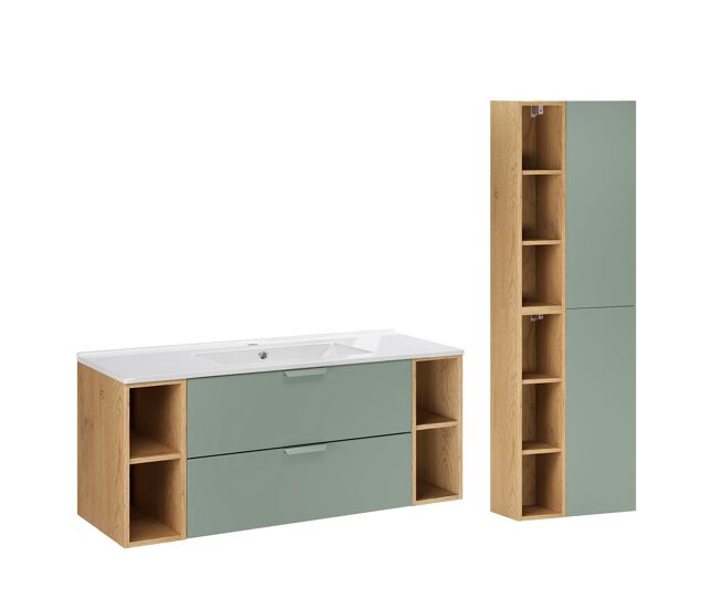 Conjunto de lavabo individual 120cm con 4 nichos y columna oria verde mate