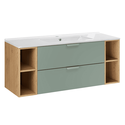 Conjunto de lavatório individual de 120 cm com 4 nichos e coluna Oria Verde mate