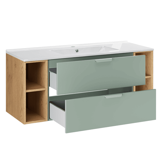 Conjunto de lavatório individual de 120 cm com 4 nichos e coluna Oria Verde mate