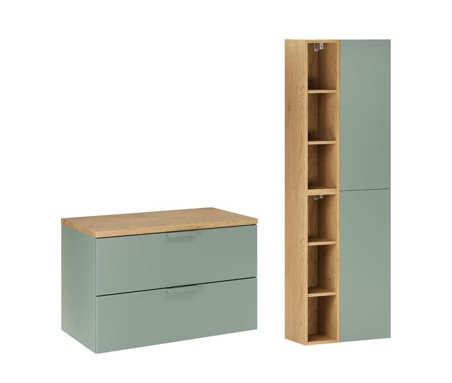 Mueble bajo encimera de 80 cm y juego de columnas oria verde mate