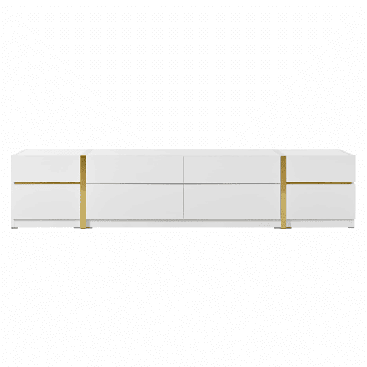 Móvel de TV - Estilo moderno - Com gavetas e portas - Acabamento brilhante - Bordas douradas - Grande capacidade de armazenamento - Cor dourada e branca