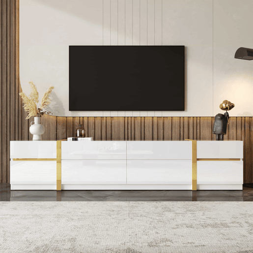 Móvel de TV - Estilo moderno - Com gavetas e portas - Acabamento brilhante - Bordas douradas - Grande capacidade de armazenamento - Cor dourada e branca