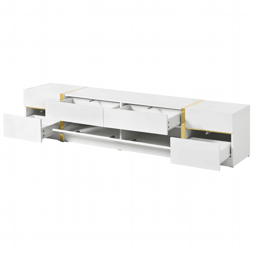 Móvel de TV - Estilo moderno - Com gavetas e portas - Acabamento brilhante - Bordas douradas - Grande capacidade de armazenamento - Cor dourada e branca