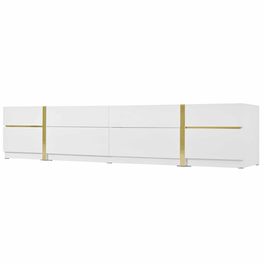 Móvel de TV - Estilo moderno - Com gavetas e portas - Acabamento brilhante - Bordas douradas - Grande capacidade de armazenamento - Cor dourada e branca