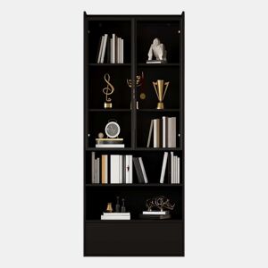 Vitrine alta 80 x 34 x 180 cm - 1 gaveta, portas de vidro, LED, compartimento aberto, prateleira de pé - preto