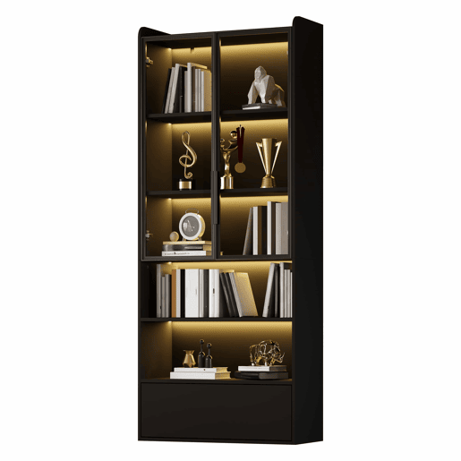 Vitrine alta 80 x 34 x 180 cm - 1 gaveta, portas de vidro, LED, compartimento aberto, prateleira de pé - preto