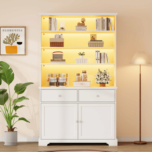 Armário vitrina 100 x 38 x 170 cm - vitrina com 2 portas, iluminação LED, móvel de sala multifuncional com 2 gavetas, estante para livros, armário grande - branco