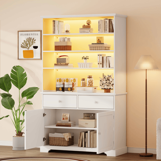 Armário vitrina 100 x 38 x 170 cm - vitrina com 2 portas, iluminação LED, móvel de sala multifuncional com 2 gavetas, estante para livros, armário grande - branco