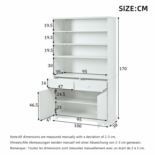 Armário vitrina 100 x 38 x 170 cm - vitrina com 2 portas, iluminação LED, móvel de sala multifuncional com 2 gavetas, estante para livros, armário grande - branco