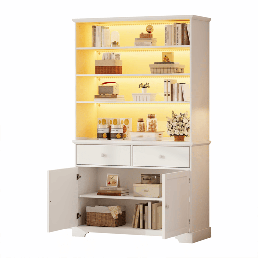 Armário vitrina 100 x 38 x 170 cm - vitrina com 2 portas, iluminação LED, móvel de sala multifuncional com 2 gavetas, estante para livros, armário grande - branco