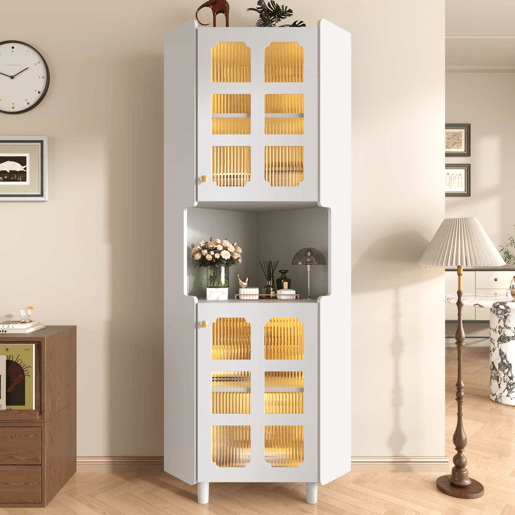 Armário de canto com iluminação LED - multifuncional, acabamento lacado, MDF, para sala de estar, quarto, casa de banho, sala de jantar - Branco Armário de canto com iluminação LED - multifuncional, acabamento lacado, MDF, para sala de estar, quarto, casa de banho, sala de jantar - Branco
