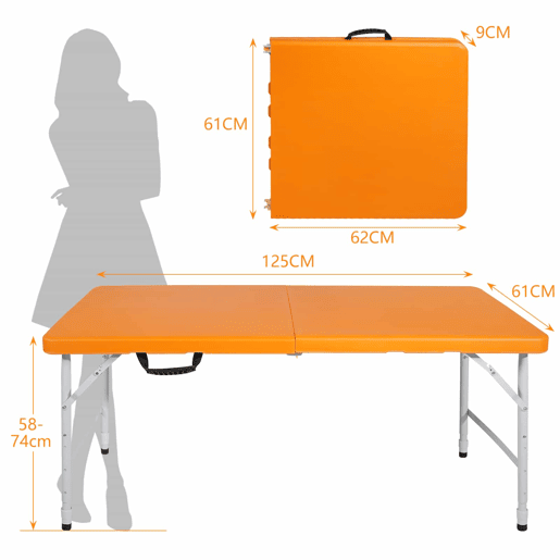 Mesa dobrável de 125 cm - resistente, ajustável, multifuncional - laranja
