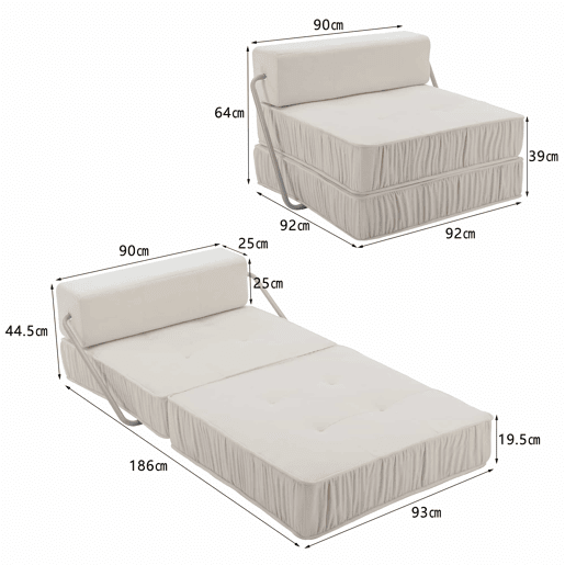 Sofá-cama dobrável de 1 lugar - poltrona convertível, futon, colchão de chão, almofada traseira removível - branco