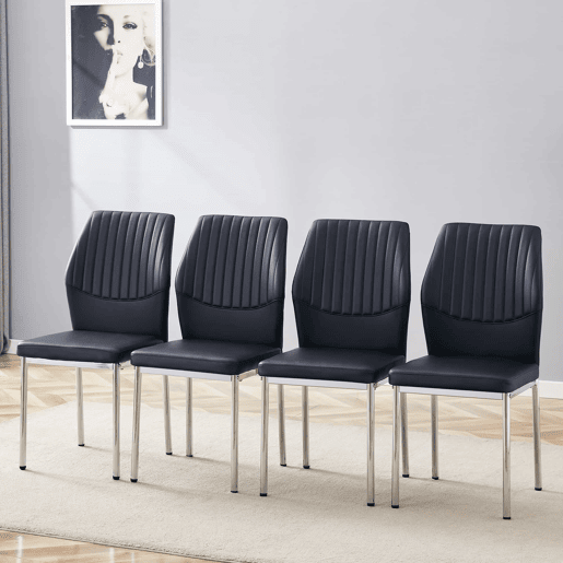 Conjunto de 4 cadeiras para sala de jantar - Encosto em PU preto com gravura vertical + pernas metálicas prateadas - Cor preta e prateada