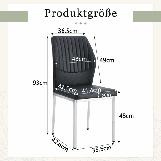 Conjunto de 4 cadeiras para sala de jantar - Encosto em PU preto com gravura vertical + pernas metálicas prateadas - Cor preta e prateada