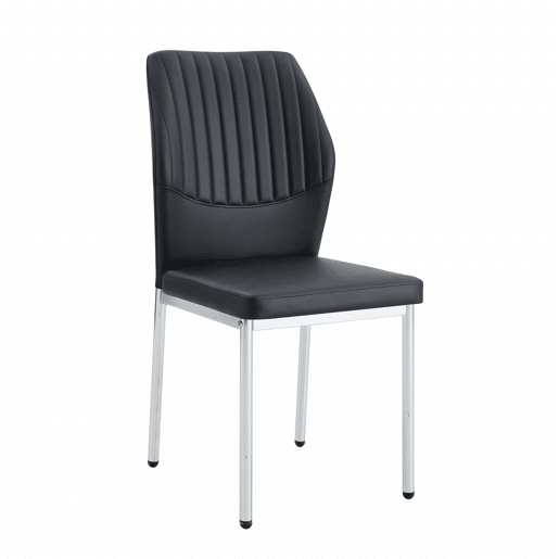 Conjunto de 4 cadeiras para sala de jantar - Encosto em PU preto com gravura vertical + pernas metálicas prateadas - Cor preta e prateada