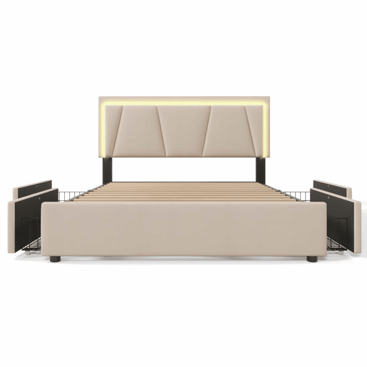 Cama estofada 160x200 cm - LED, 4 gavetas, cabeceira ajustável, colchão incluído - bege