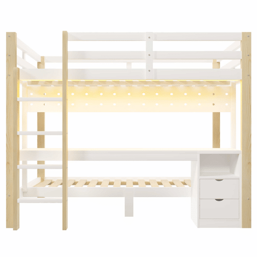 Cama alta 90x200 cm e 140x200 cm - Com gavetas e secretária, com sistema de suspensão de painel perfurado, inclui fita LED - Branco + Natural