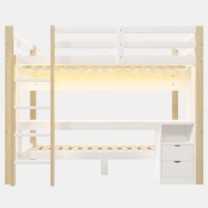 Cama alta 90x200 cm e 140x200 cm - Com gavetas e secretária, com sistema de suspensão de painel perfurado, inclui fita LED - Branco + Natural