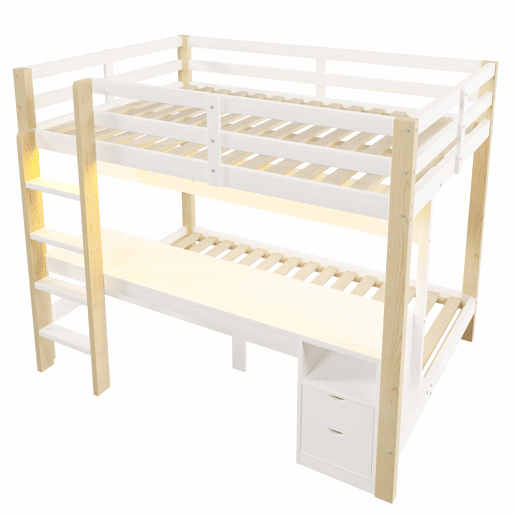Cama alta 90x200 cm e 140x200 cm - Com gavetas e secretária, com sistema de suspensão de painel perfurado, inclui fita LED - Branco + Natural