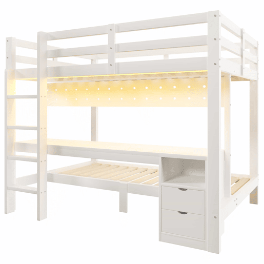 Cama alta 90x200 cm e 140x200 cm - Madeira de pinho, com gavetas e secretária, equipada com sistema de suspensão com painéis perfurados, inclui LED - Branco