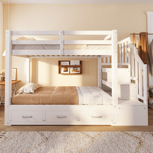 Beliche 90180x200 cm - com escada com gavetas, cama extensível, cama juvenil, estrado de madeira - branco