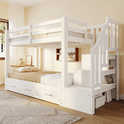 Beliche 90180x200 cm - com escada com gavetas, cama extensível, cama juvenil, estrado de madeira - branco