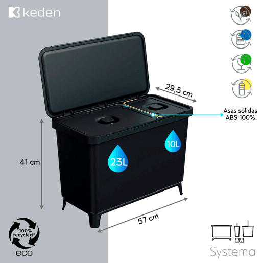 Sistema de triagem de reciclagem KEDEN 1x10L + 1x23L