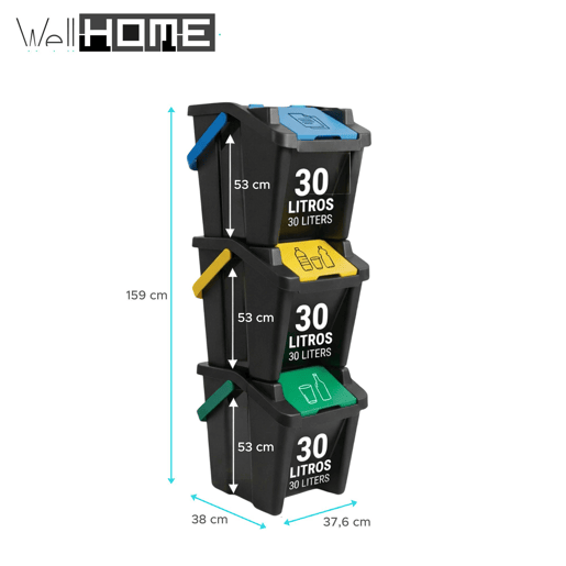 Conjunto de 3 Lixeiras de Reciclagem Well Home de 30L em Plástico