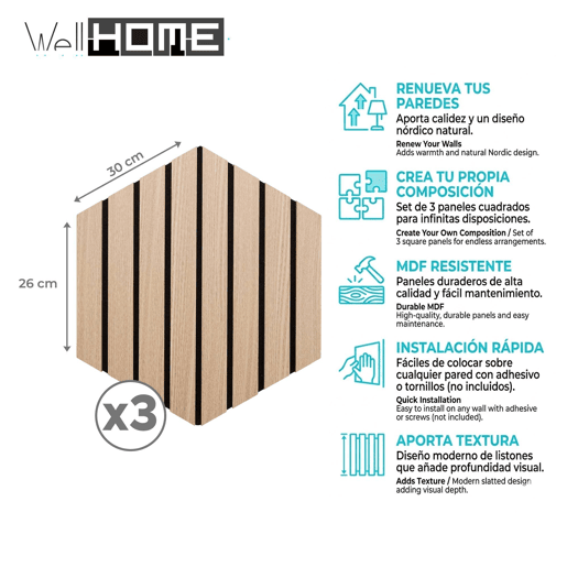 Conjunto de 3 painéis decorativos hexagonais 'Colva' da Well Home