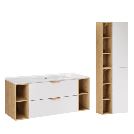 Conjunto móvel lavatório individual encastrado 120cm 4 nichos e coluna Oria Branco mate