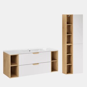 Conjunto móvel lavatório individual encastrado 120cm 4 nichos e coluna Oria Branco mate
