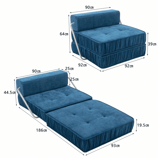 Sofá-cama de 1 lugar - conversível, futon, assento reclinável, almofada traseira removível - azul