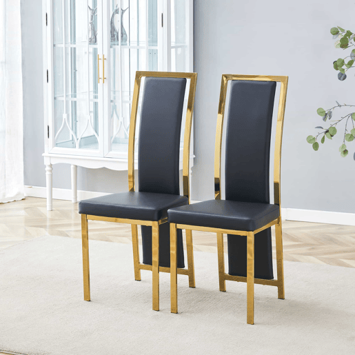 Cadeiras de sala de jantar 2 unidades - 109 cm - Minimalistas, PU preto + estrutura metálica dourada - Preto+Dourado