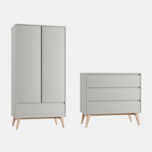 Cómoda 3 gavetas e roupeiro 2 portas Pinio Swing Cinzento e madeira