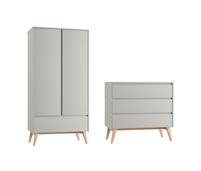 Cómoda de 3 cajones y armario de 2 puertas Pinio Swing Gris y madera