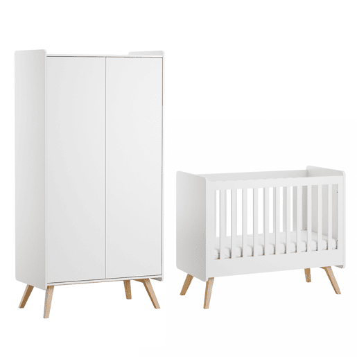 Cama de bebé Vox Vintage Branco e Madeira 60x120 e roupeiro de 2 portas