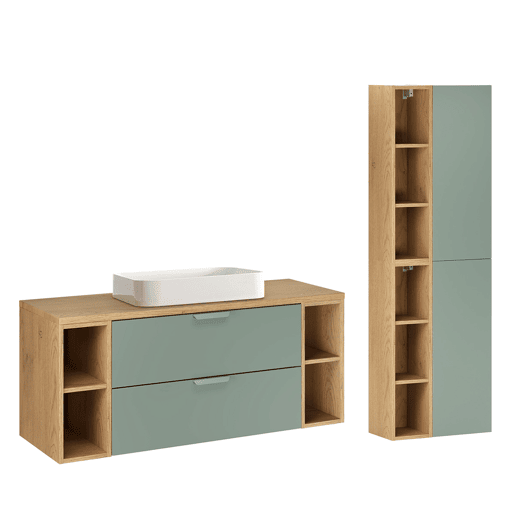 Conjunto móvel lavatório simples 120cm 4 nichos e coluna Oria Verde mate