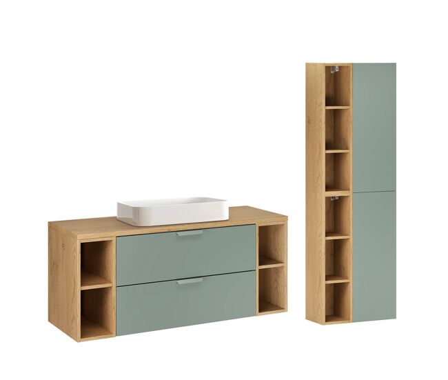 Mueble lavabo 120cm con 4 nichos y columna oria verde mate