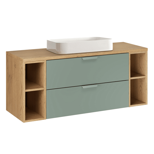 Conjunto móvel lavatório simples 120cm 4 nichos e coluna Oria Verde mate