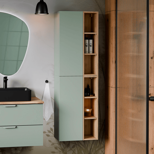 Conjunto móvel lavatório simples 120cm 4 nichos e coluna Oria Verde mate
