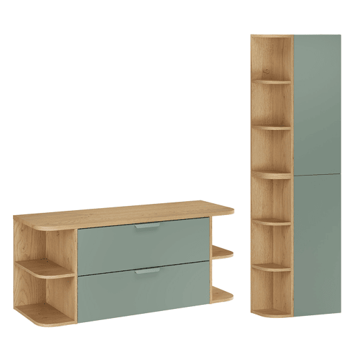 Conjunto móvel toucador 120cm nichos arredondados e coluna Oria Verde mate
